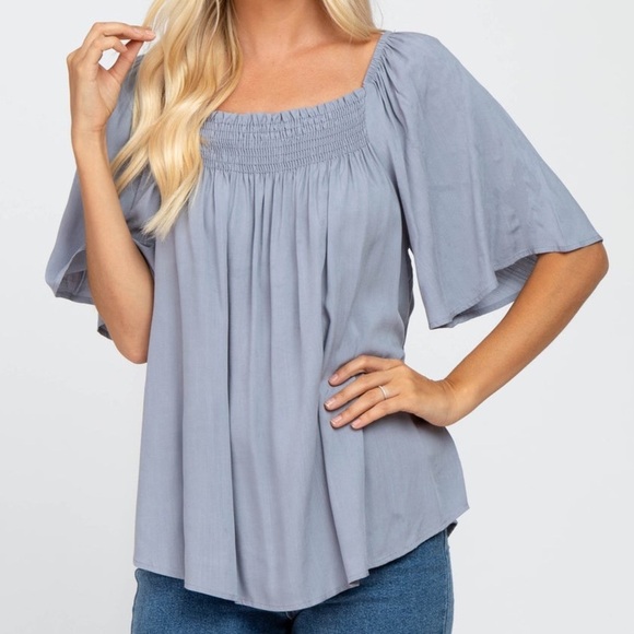 NWT Ces Femme Blue Off the Shoulder Smocked Top Size S - Picture 1 of 13